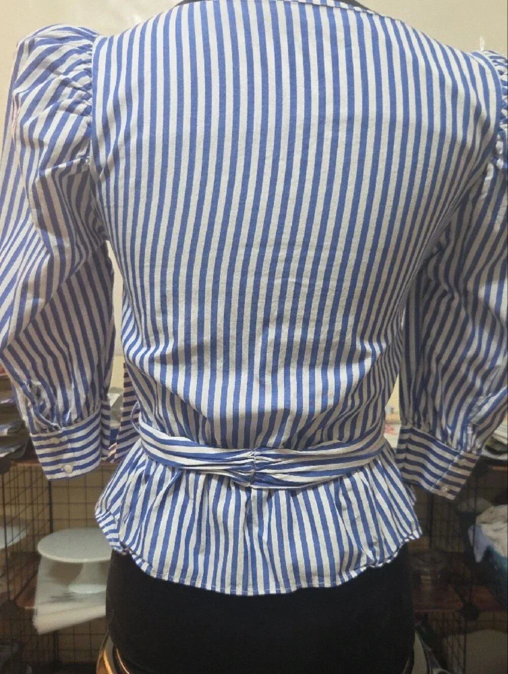 ZARA Blue and White Vertical-Striped Faux Wrap Blouse with Puff Sleeves - Medium